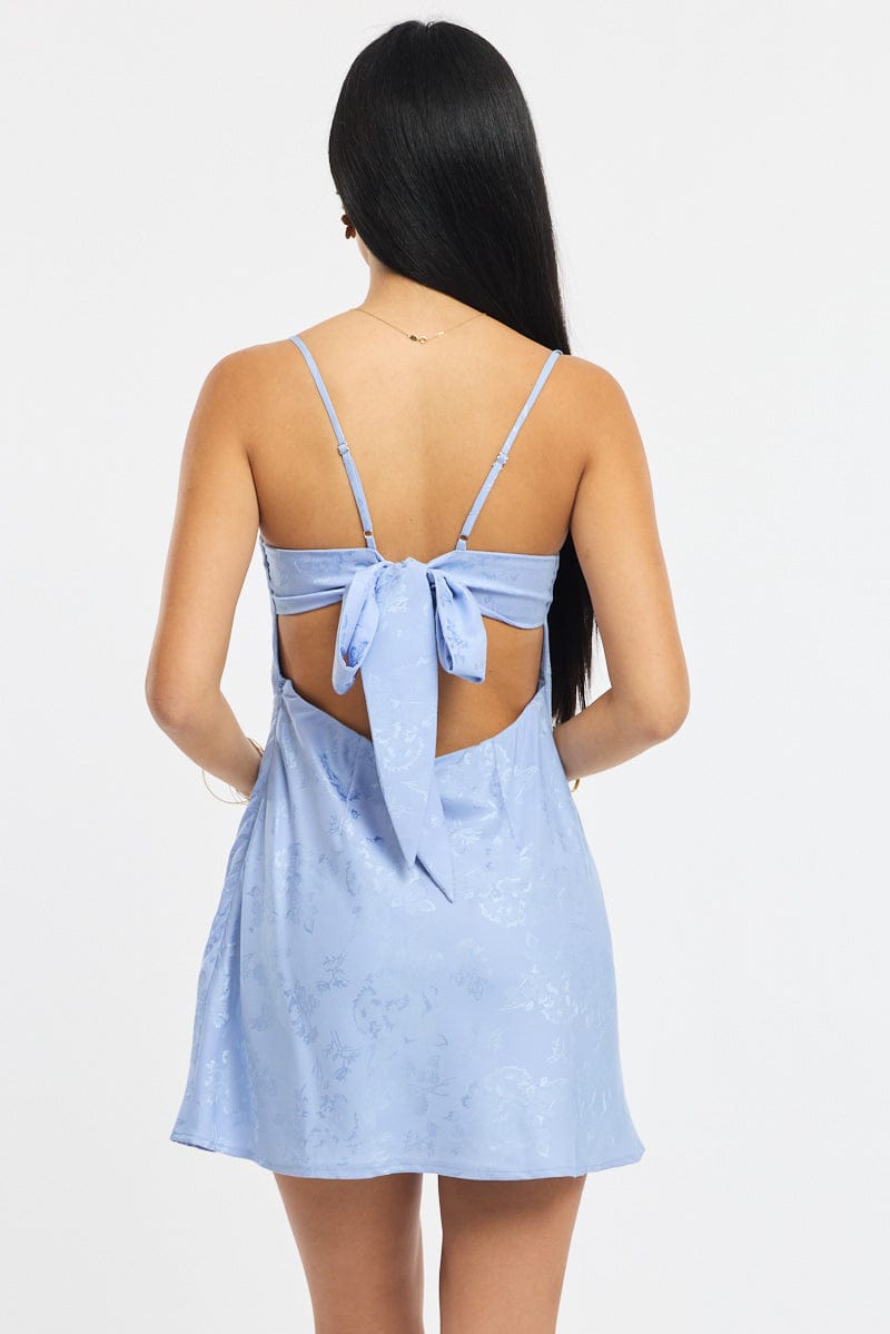 Blue Mini Dress Tie Back Jacquard Fabric