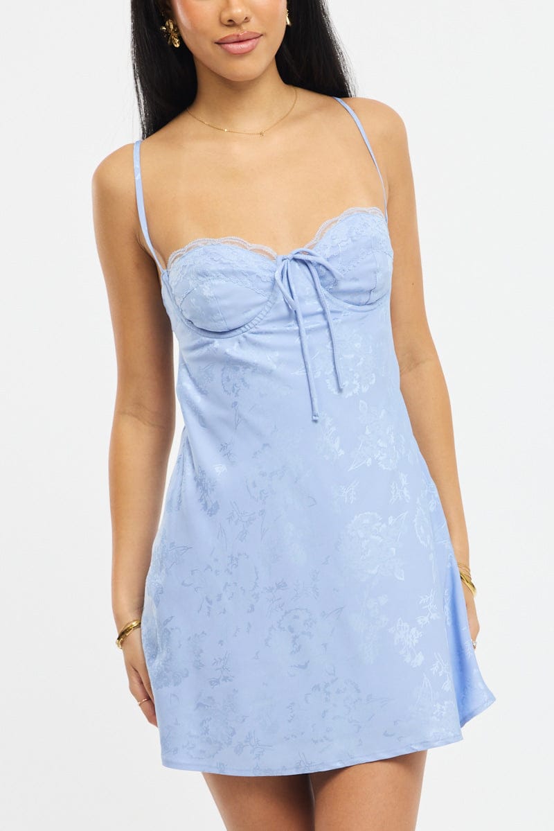 Blue Mini Dress Tie Back Jacquard Fabric