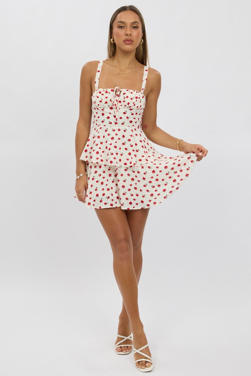 Red Ditsy Fit And Flare Dress Square Neck
