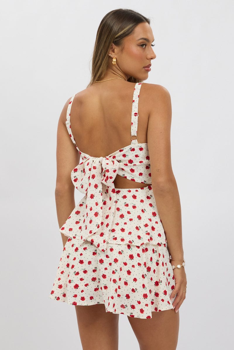 Red Ditsy Fit And Flare Dress Square Neck