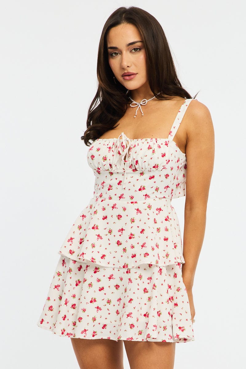 Red Ditsy Fit And Flare Dress Square Neck