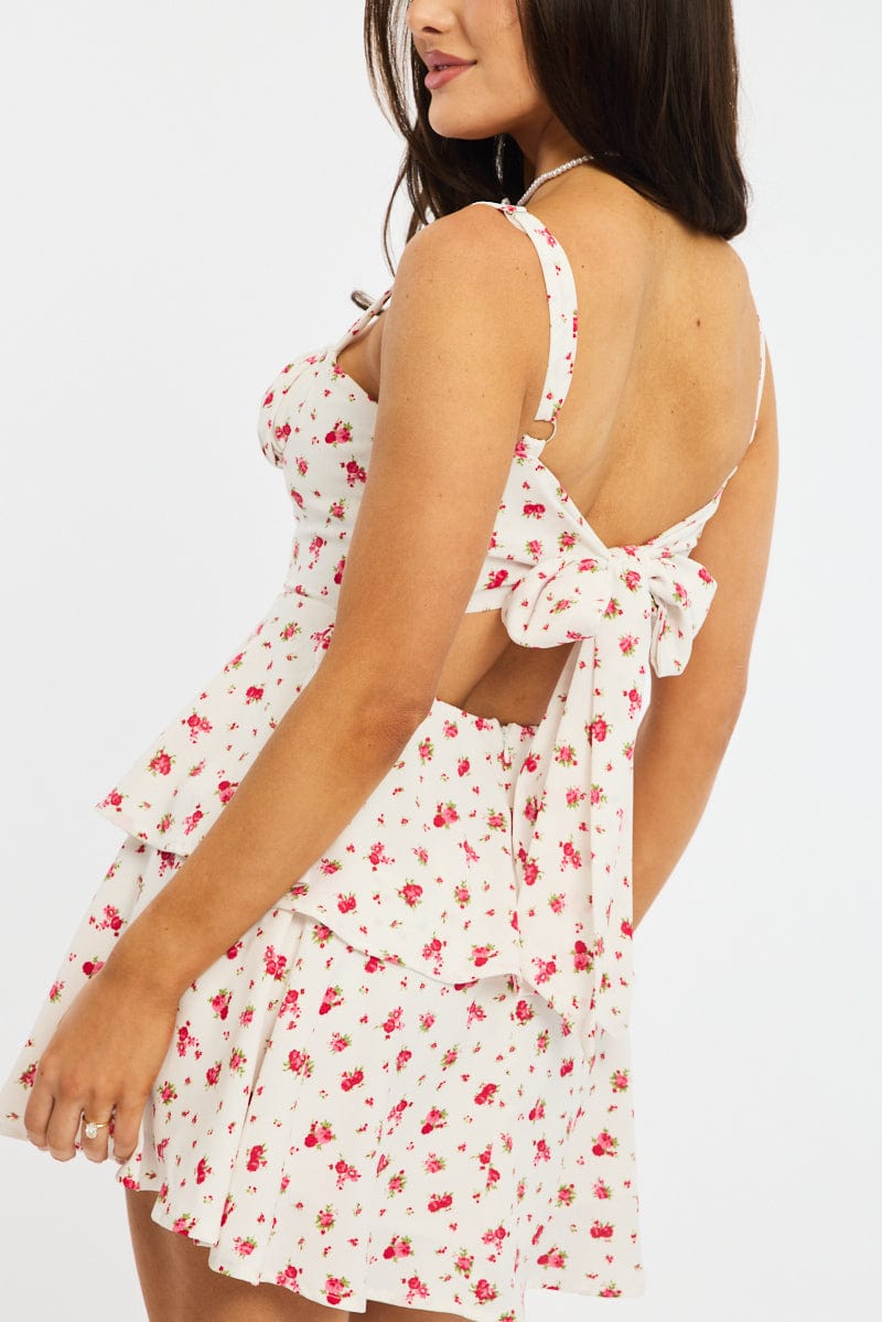 Red Ditsy Fit And Flare Dress Square Neck