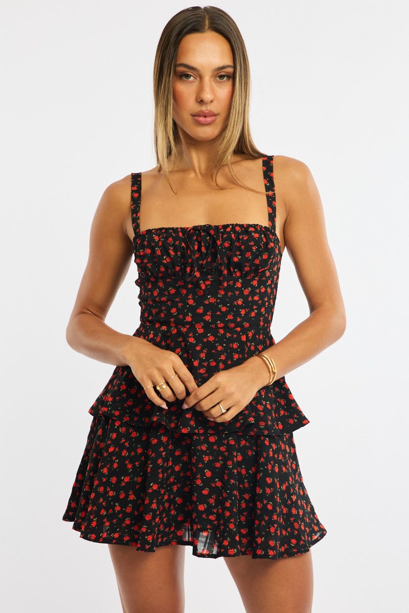 Black Ditsy Fit And Flare Dress Square Neck