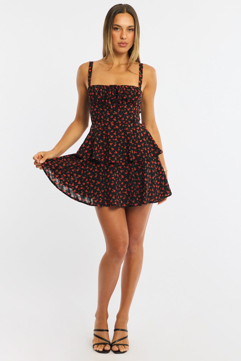 Black Ditsy Fit And Flare Dress Square Neck