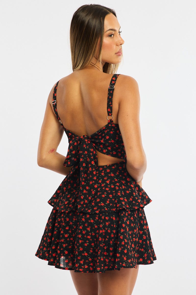 Black Ditsy Fit And Flare Dress Square Neck
