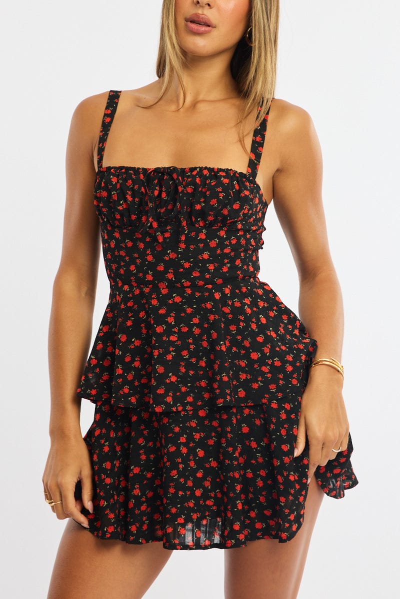 Black Ditsy Fit And Flare Dress Square Neck