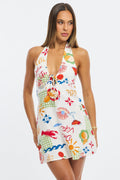Red Abstract Halter Neck Dress Mini
