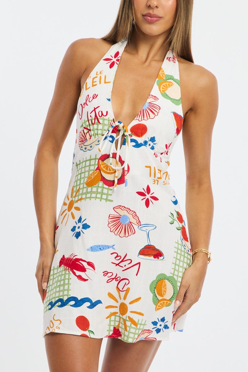 Red Abstract Halter Neck Dress Mini