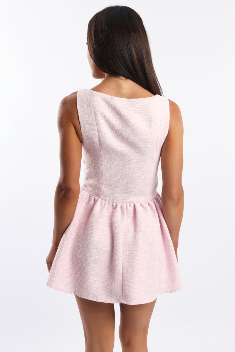 Pink Mini Dress Square Neck Tweed Fabric