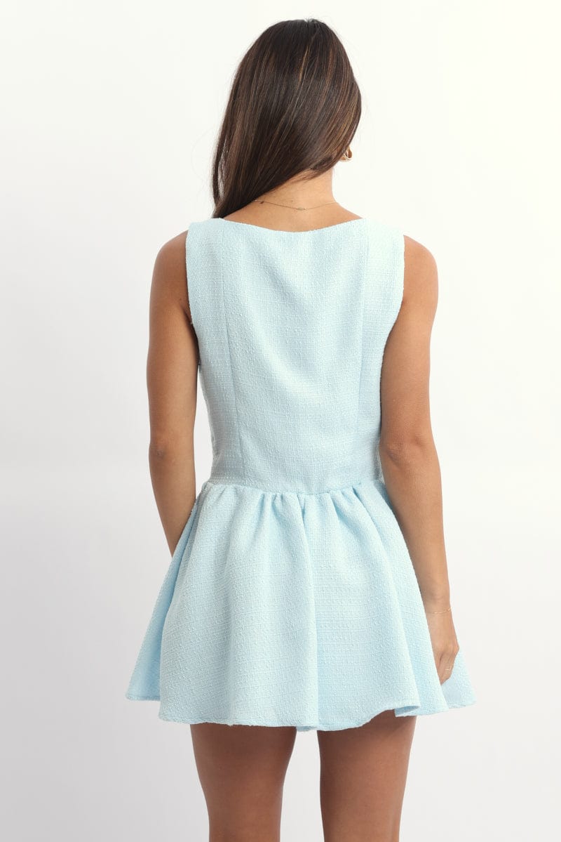 Blue Mini Dress Square Neck Tweed Fabric