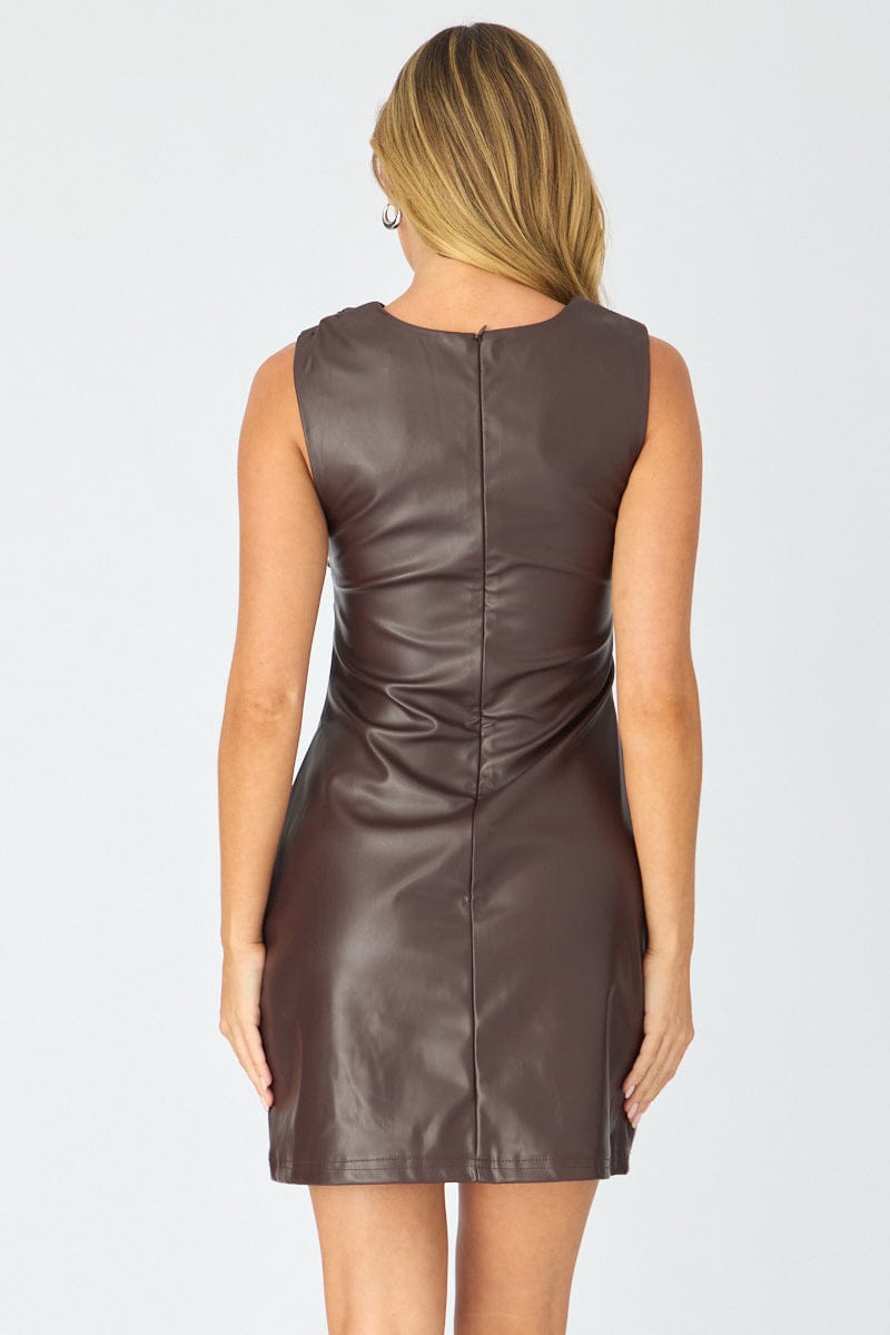 Brown Mini Dress Faux Leather