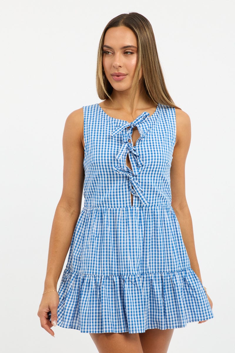 Blue Check Mini Dress Ribbon