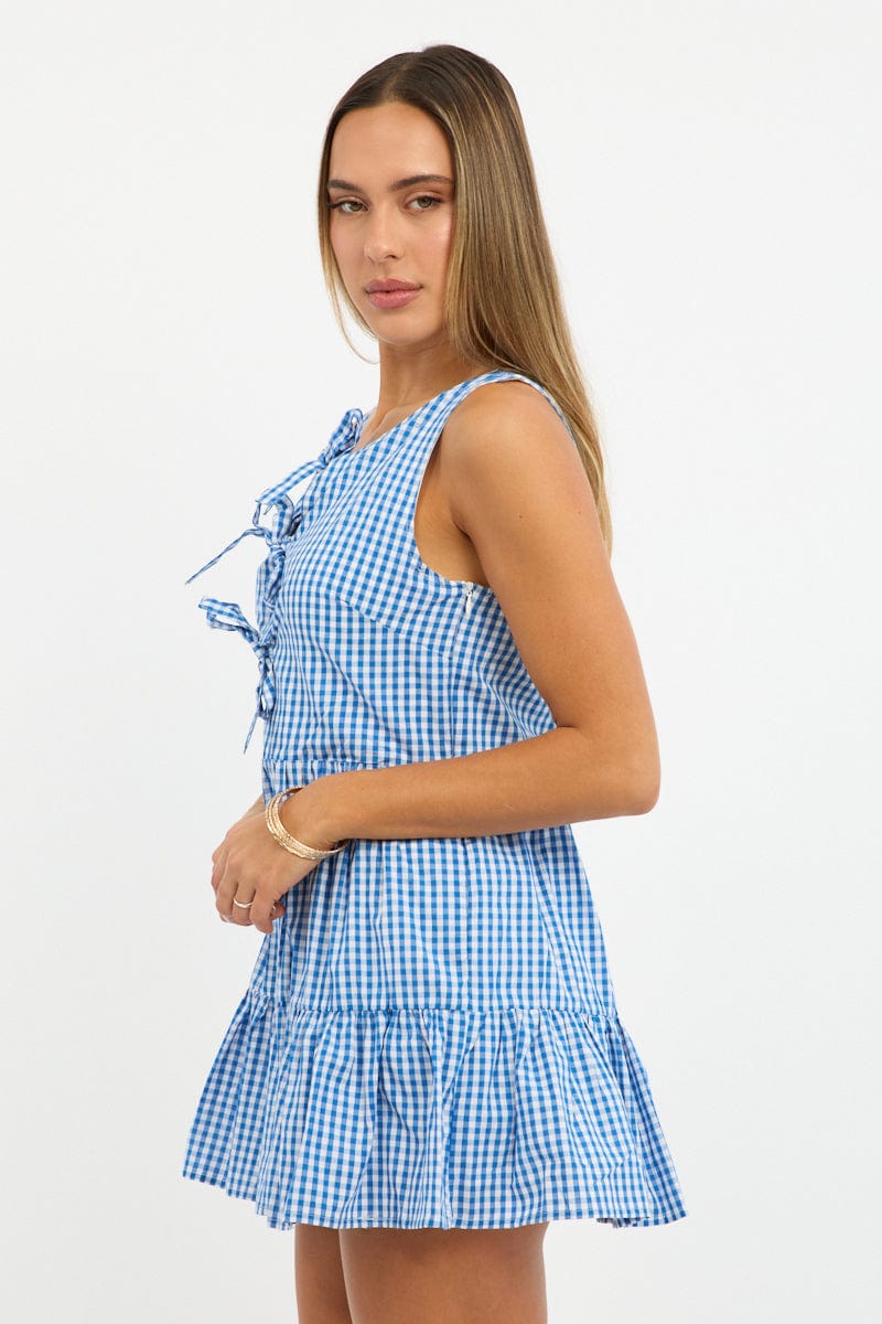 Blue Check Mini Dress Ribbon