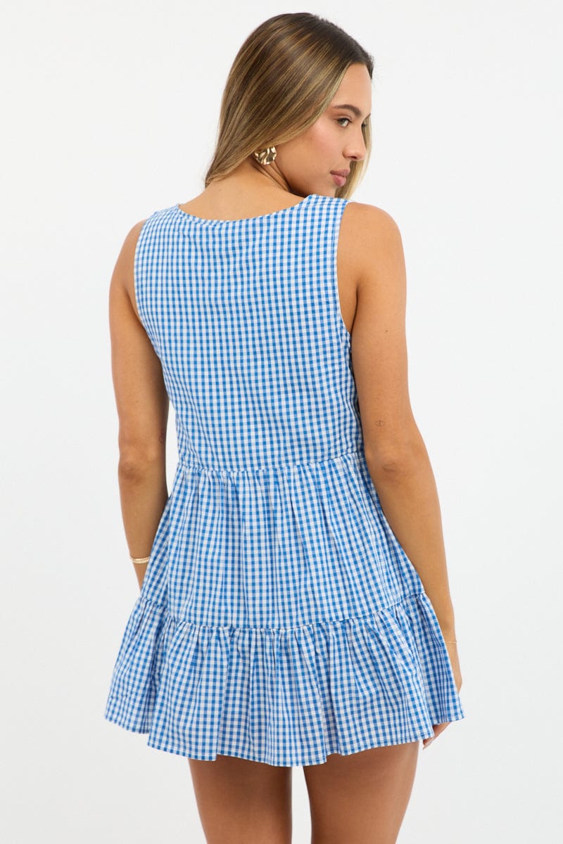 Blue Check Mini Dress Ribbon