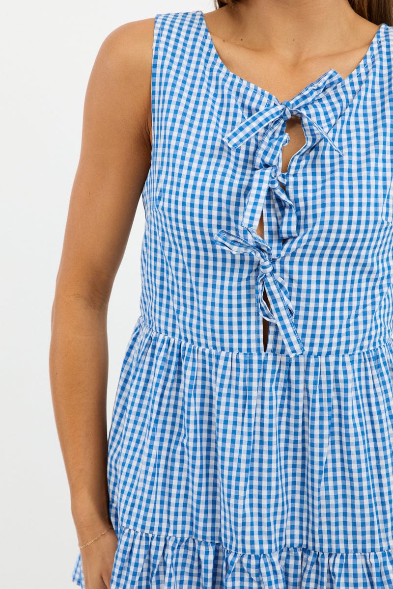 Blue Check Mini Dress Ribbon