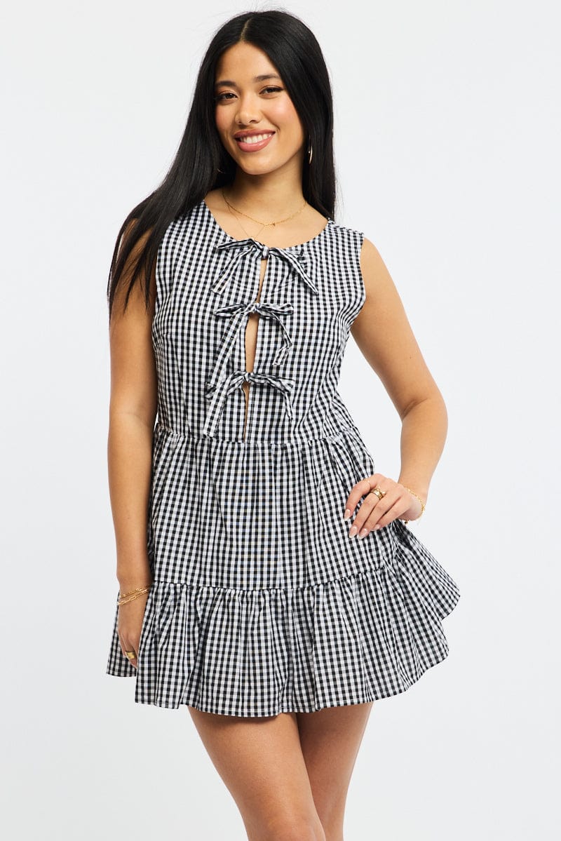 Black Check Mini Dress Ribbon