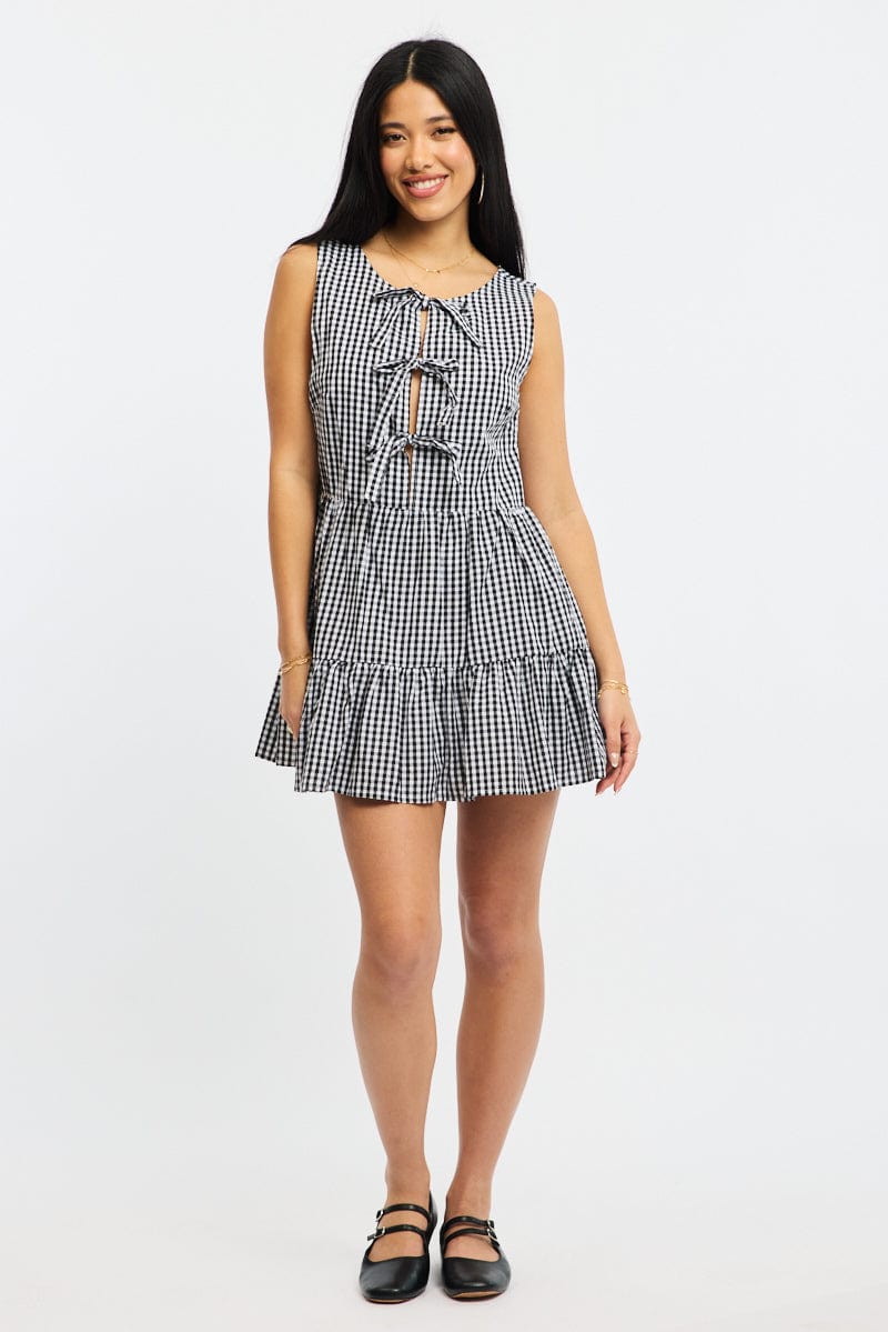 Black Check Mini Dress Ribbon