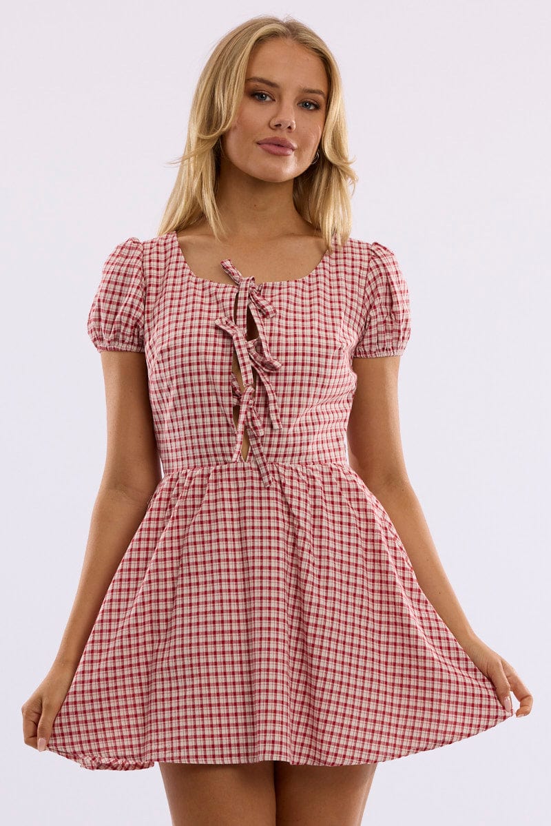 Red Check Mini Dress Ribbon