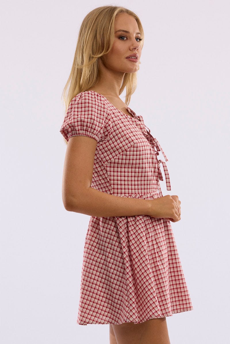 Red Check Mini Dress Ribbon