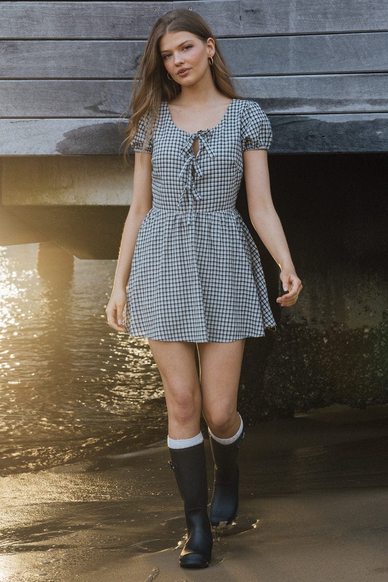 Black Check Mini Dress Ribbon