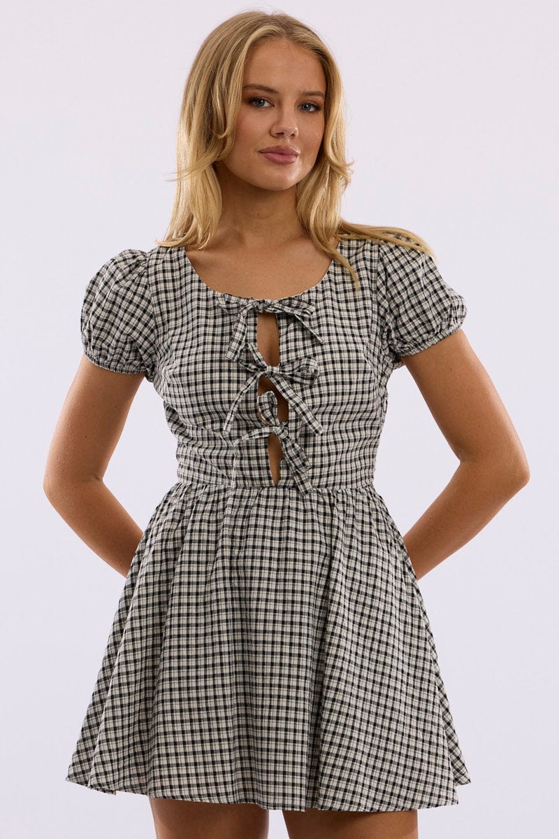 Black Check Mini Dress Ribbon