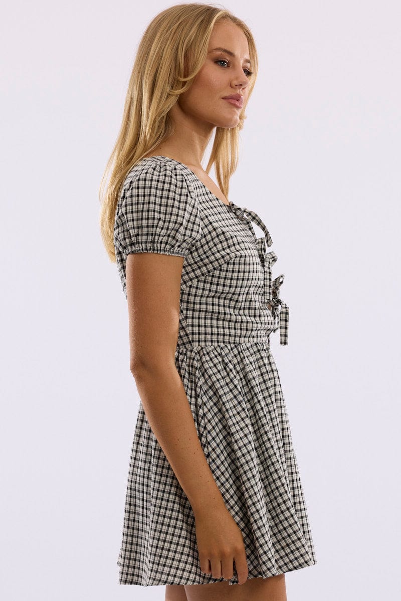 Black Check Mini Dress Ribbon
