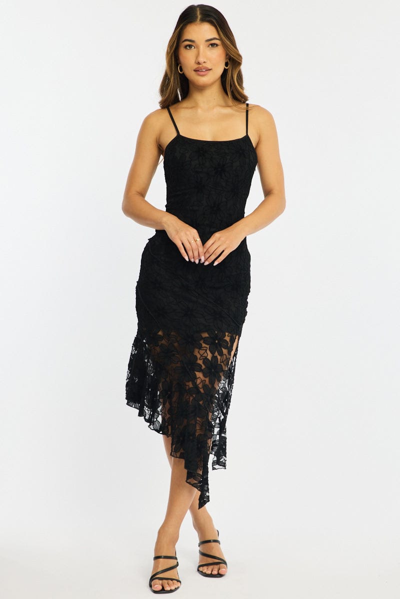 Black Midi Dress Asymmetric Hem Lace