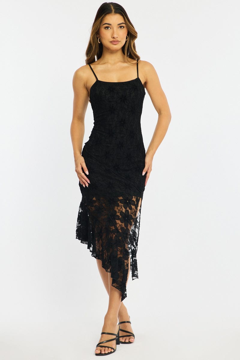 Black Midi Dress Asymmetric Hem Lace