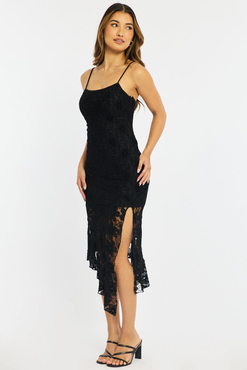Black Midi Dress Asymmetric Hem Lace