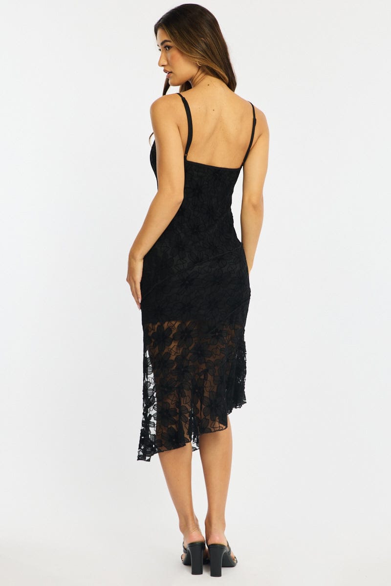 Black Midi Dress Asymmetric Hem Lace