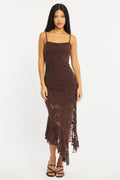 Brown Midi Dress Asymmetric Hem Lace