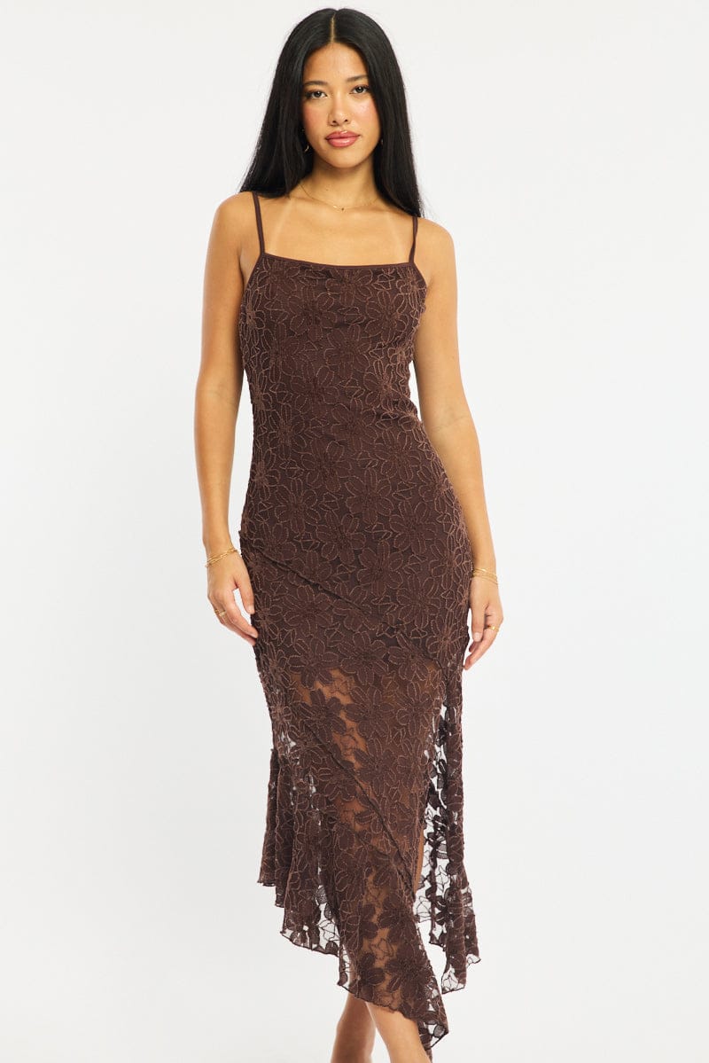 Brown Midi Dress Asymmetric Hem Lace