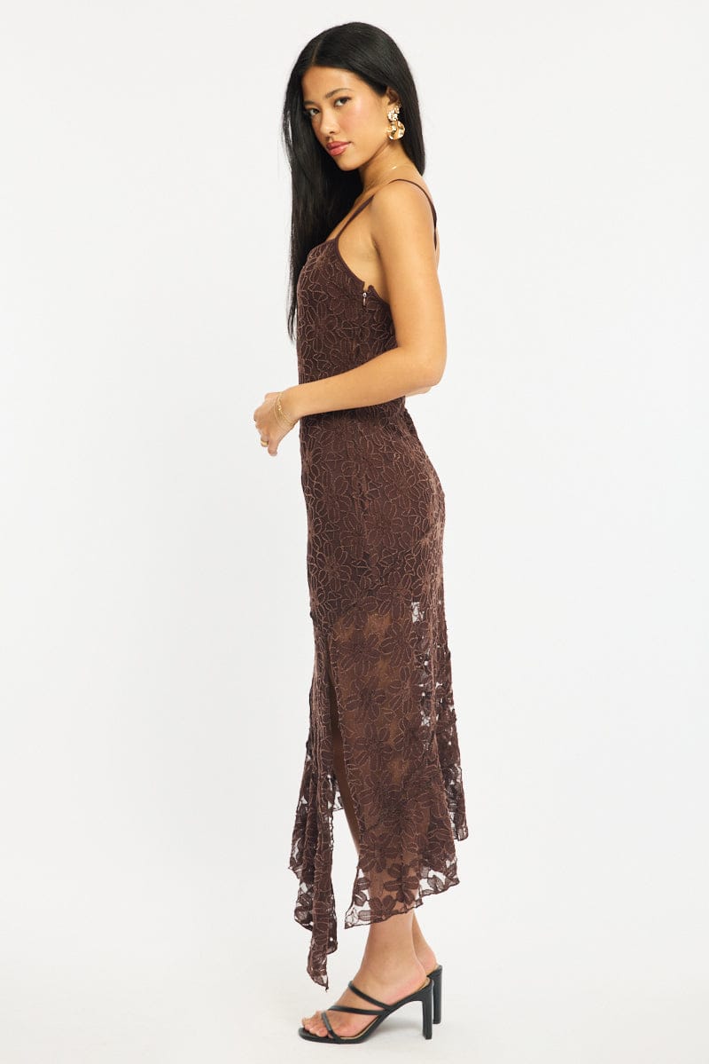 Brown Midi Dress Asymmetric Hem Lace