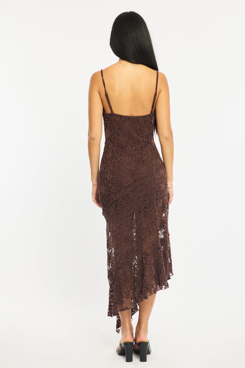 Brown Midi Dress Asymmetric Hem Lace