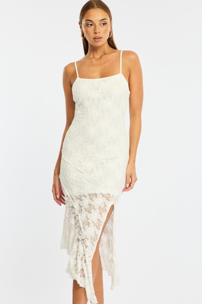 White Midi Dress Asymmetric Hem Lace
