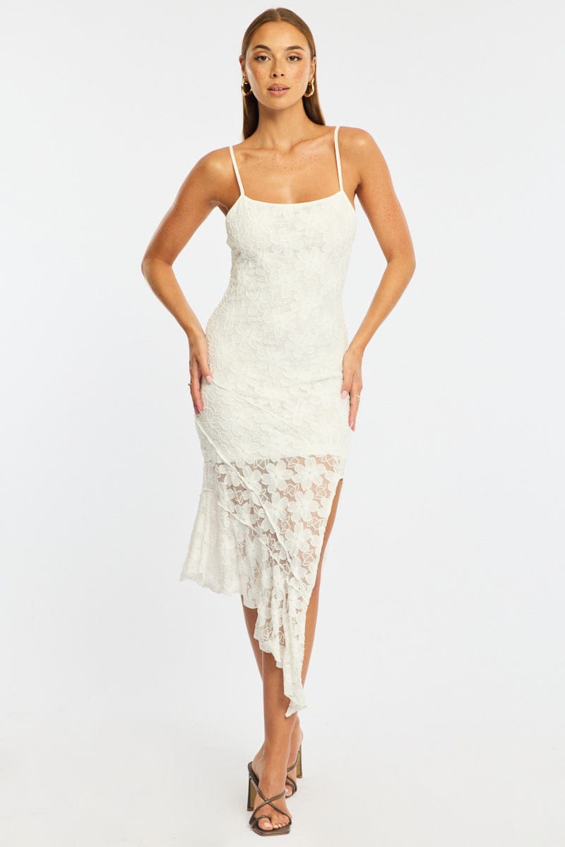 White Midi Dress Asymmetric Hem Lace