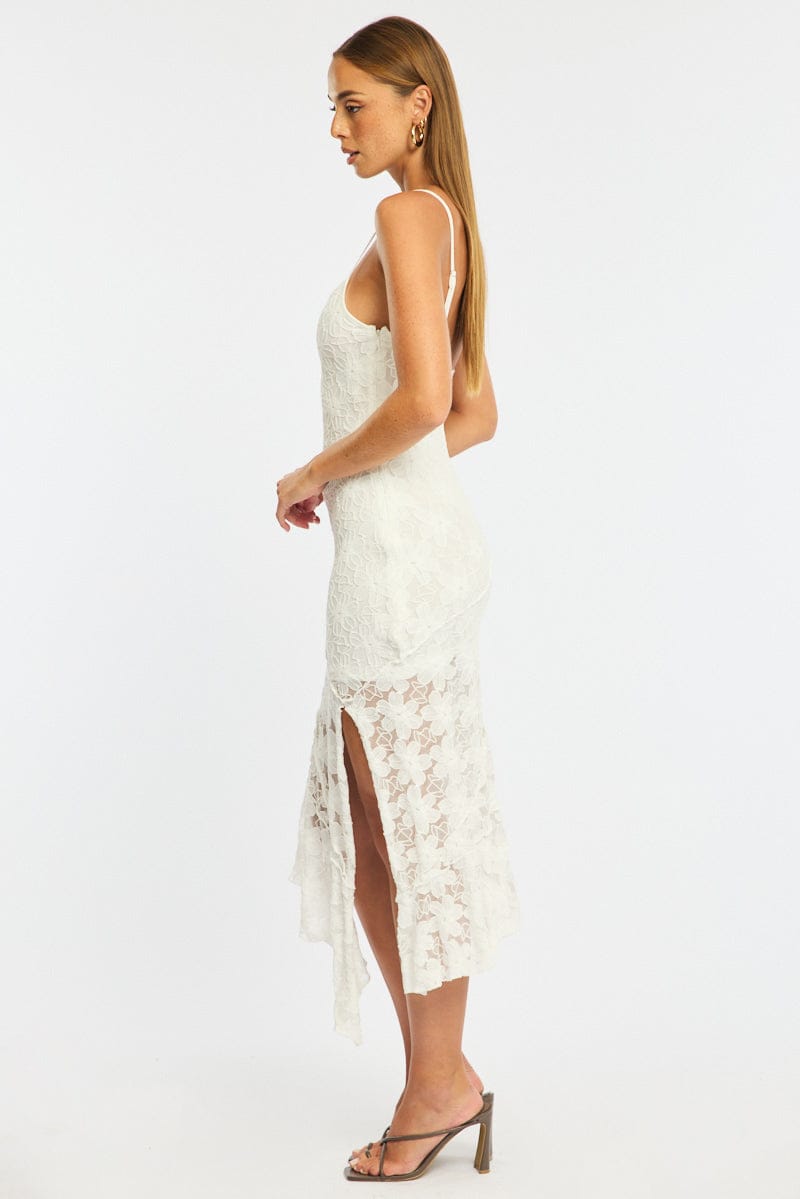 White Midi Dress Asymmetric Hem Lace