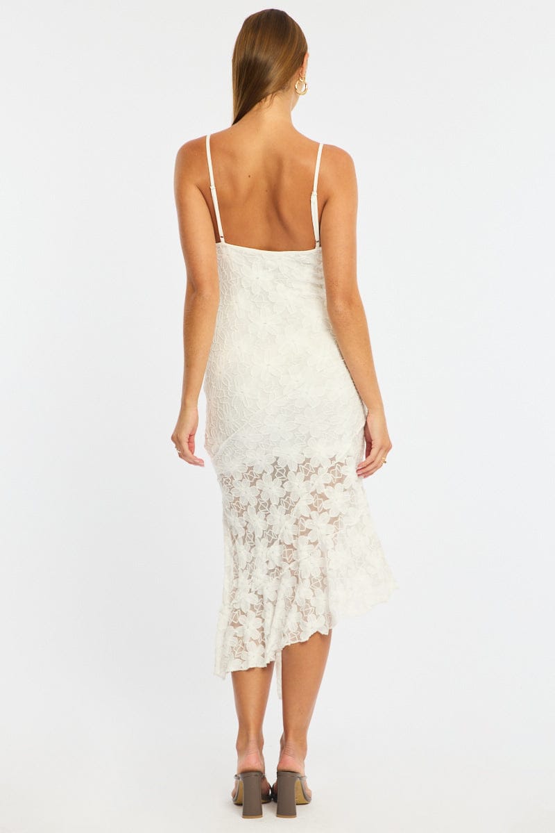 White Midi Dress Asymmetric Hem Lace