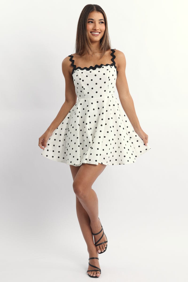 White Polka Dot Fit And Flare Dress Mini