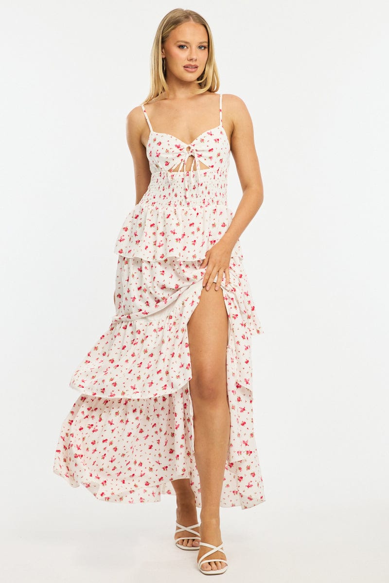 Red Ditsy Maxi Dress Tiered