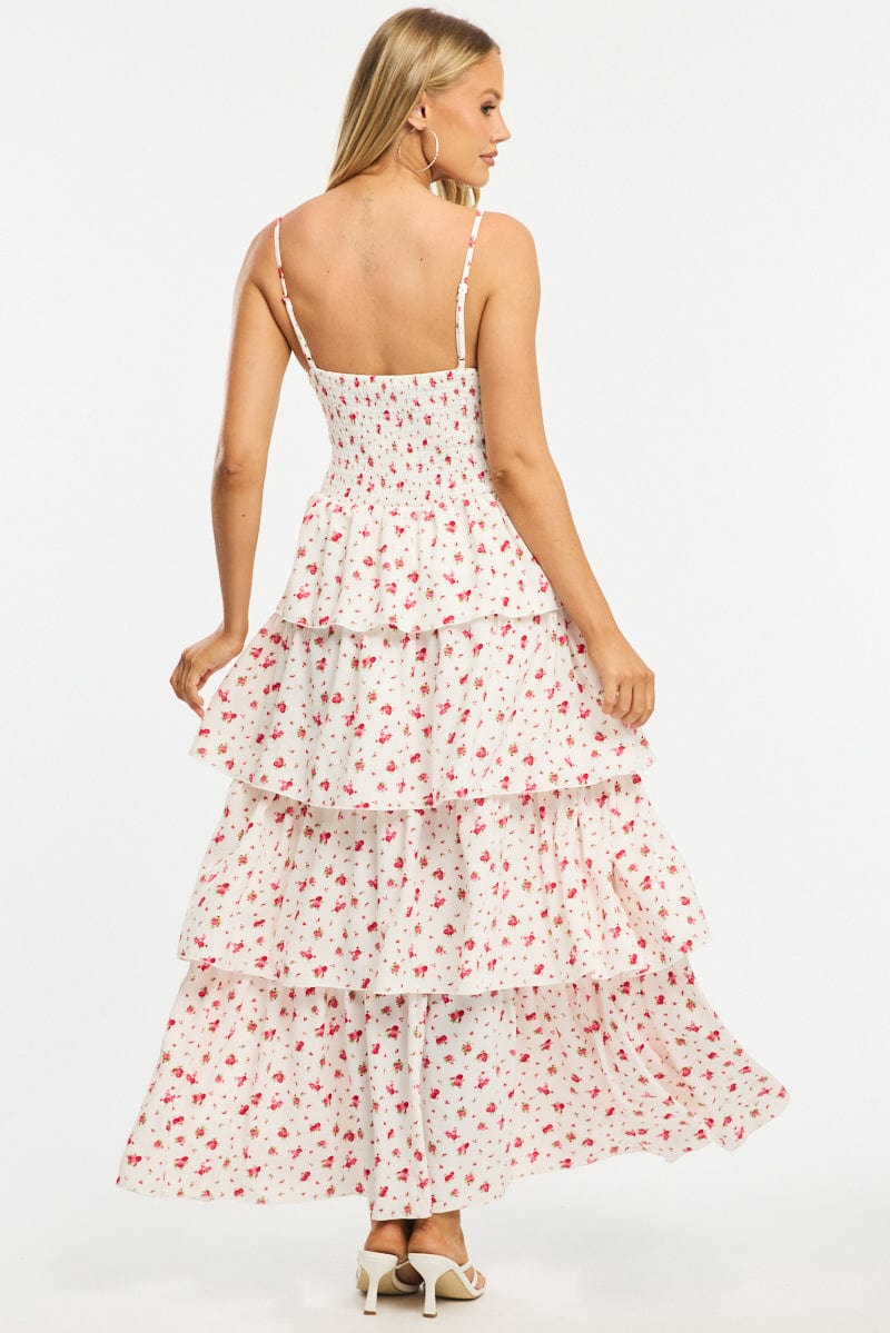 Red Ditsy Maxi Dress Tiered
