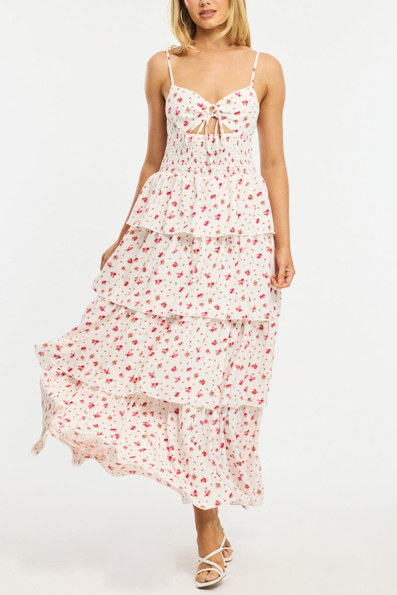 Red Ditsy Maxi Dress Tiered