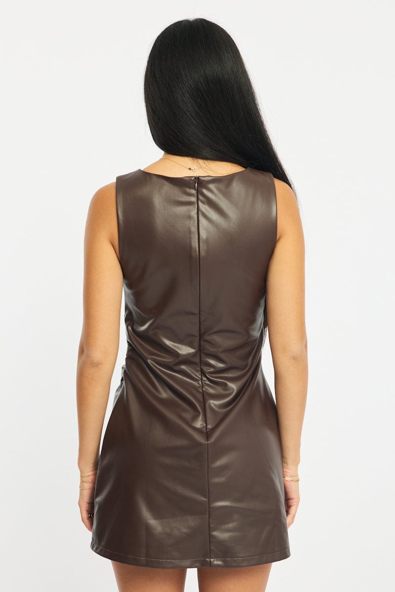 Brown Mini Dress Round Neck