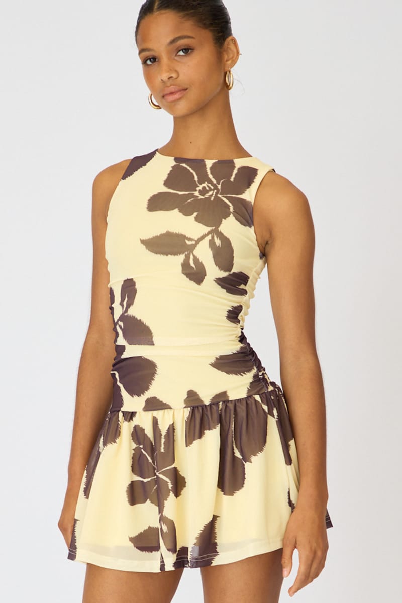 Yellow Floral Mini Dress Drop Waist