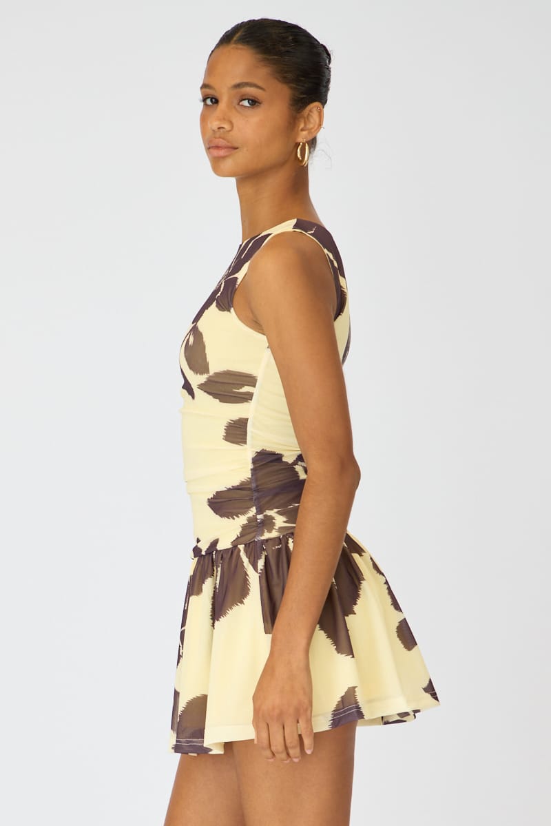 Yellow Floral Mini Dress Drop Waist
