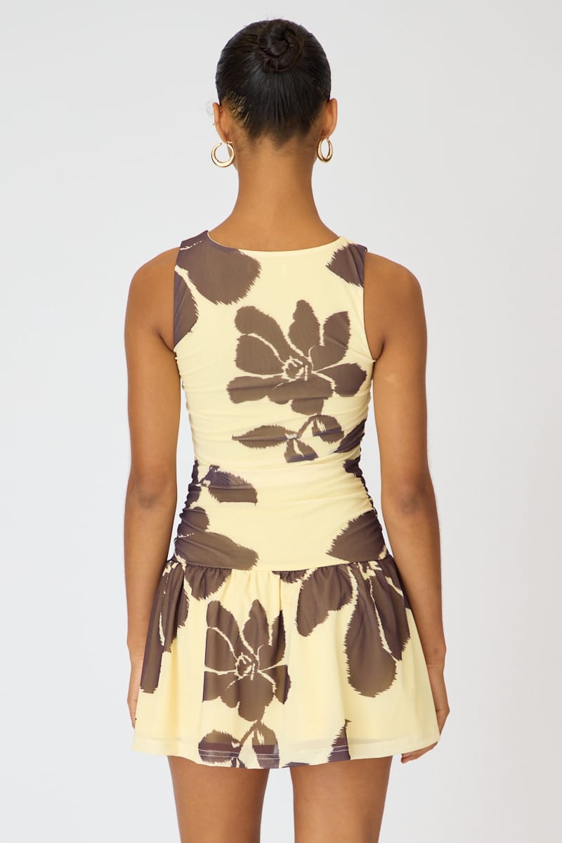 Yellow Floral Mini Dress Drop Waist