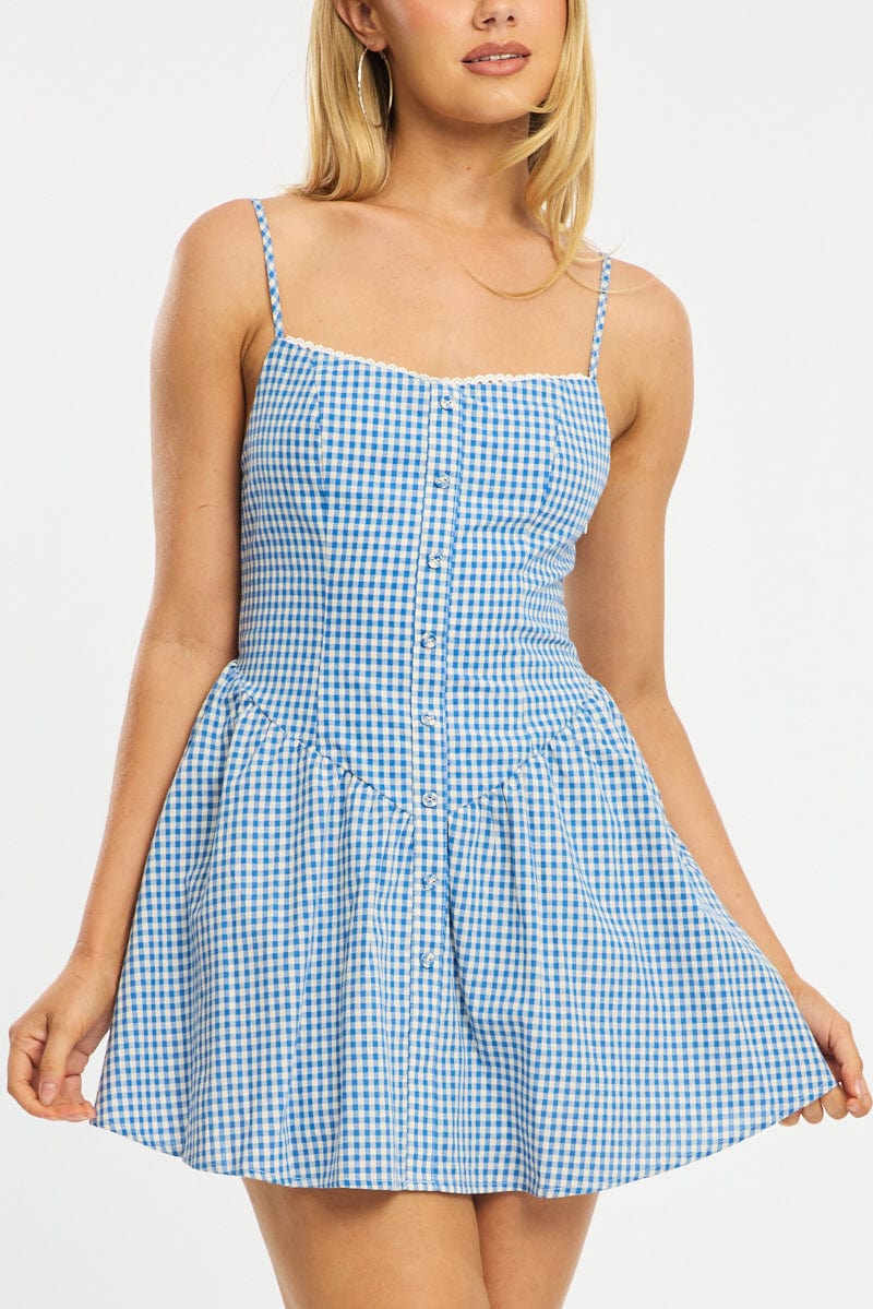 Blue Check Mini Dress Strappy
