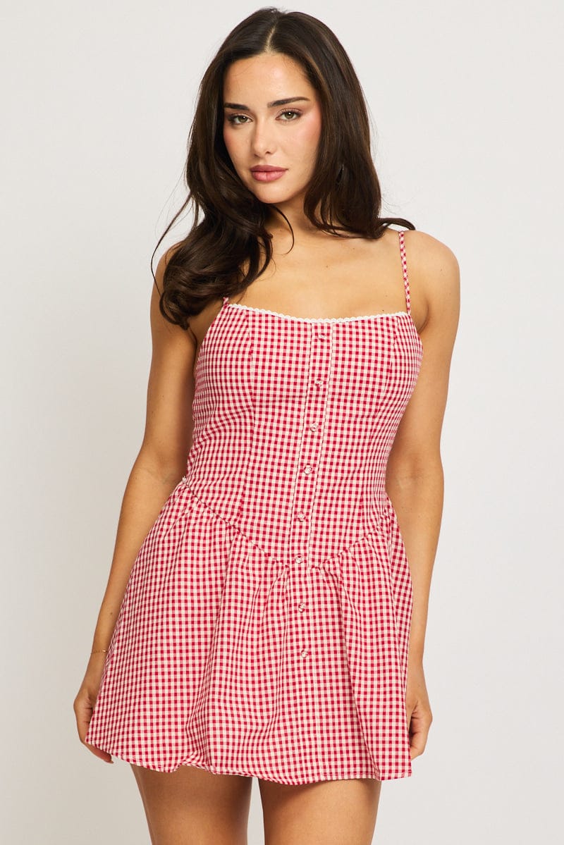 Red Check Mini Dress Strappy