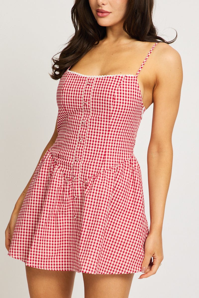 Red Check Mini Dress Strappy