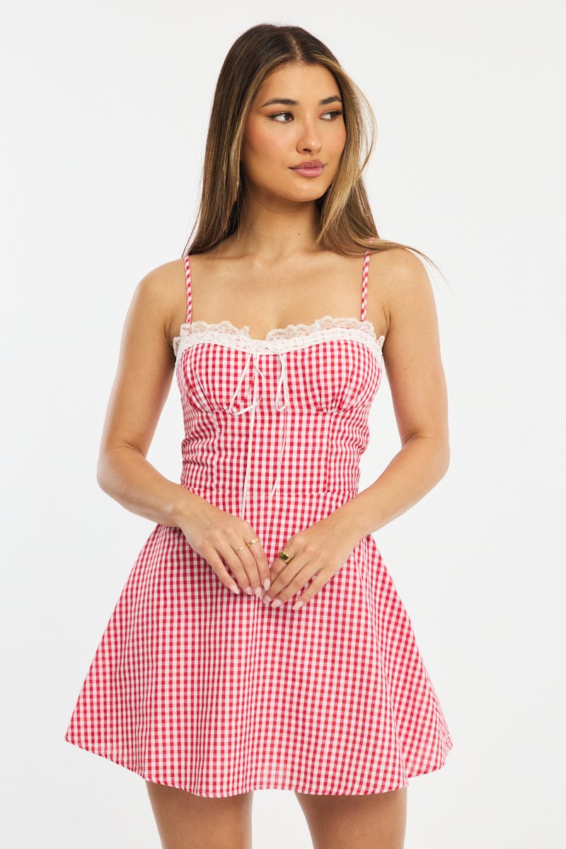Red Check Mini Dress Strappy